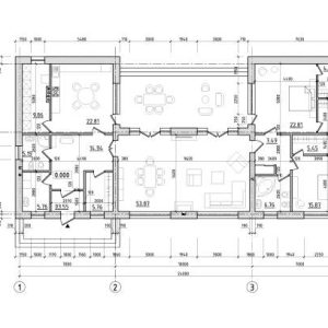 Architectural plan of a one-story manor house with a large terrace. The layout of an individual one-story house with two bedrooms, a kitchen, a living room, two bathrooms, dressing rooms, storage rooms and utility rooms.